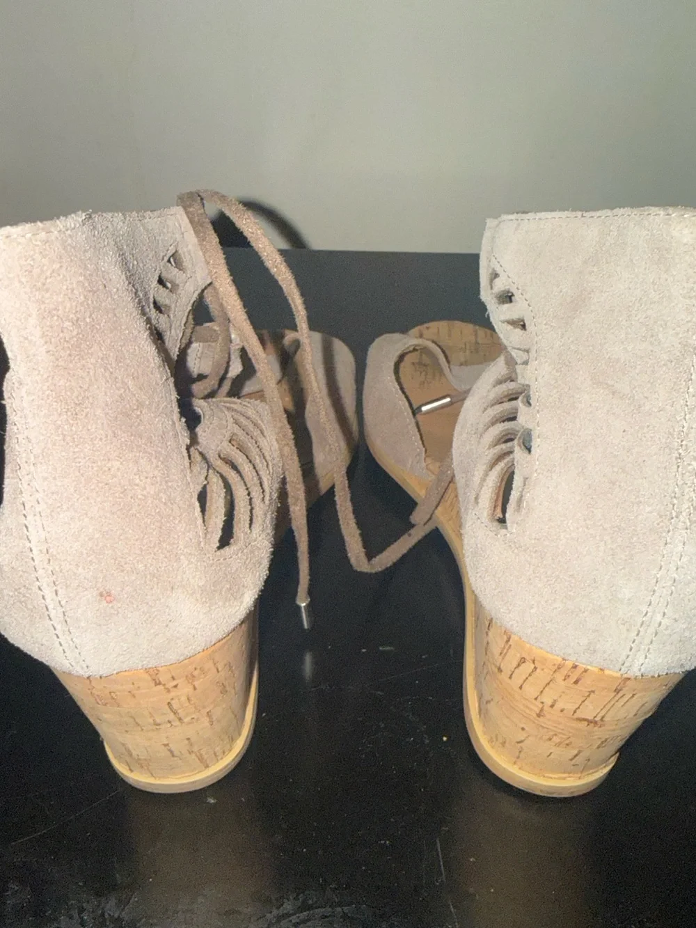 Dolce Vita Taupe Suede Lace-Up Cork Wedge Sandals